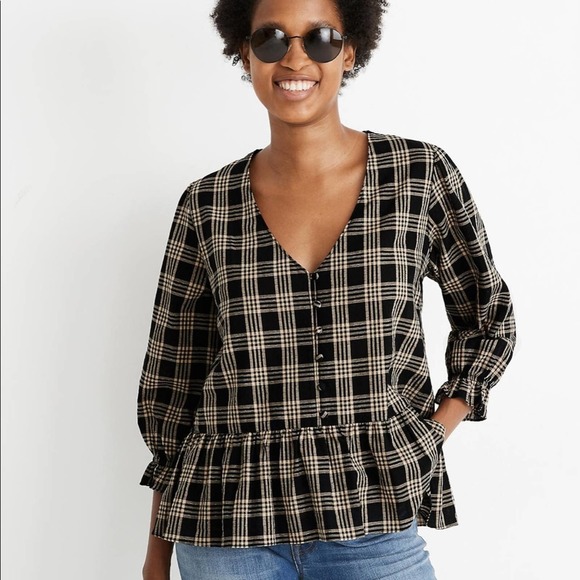 Madewell Tops - Madewell Courtyard Metallic Plaid Ruffle Hem Top M